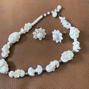 Vintage German Milk Glass Floral Necklace & Floral clip-on Earrings